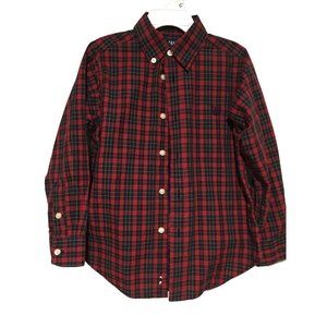 CHAPS Boys 5 Button Dress Shirt Plaid Red Navy Long Sleeves